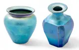 Blue Aurene Glass Cabinet Vases, Ca. 1920, Depth 2" 2 pcs by Alexander Joseph von Steuben, Ca. 1920, sold Oct 2024