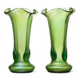 Vesuvian Green Glass Ground with Crete Tadpoles Vases, 1901, Depth 4.5" 1 Pair by Loetz, 1901, sold Oct 2024