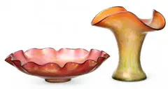 Iridized Rosa Glass with Ciselé Open Bowl & Vase, 1899, 2 pcs by Loetz, 1899, sold Oct 2024