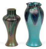 Titania Genre Iridized Glass Vases, Ca. 1900, 2 pcs by Loetz, Ca. 1900, sold Oct 2024