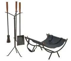George Nelson, for Herman Miller, Fireplace Accessories, featuring a fireplace caddy with canvas and iron construction
