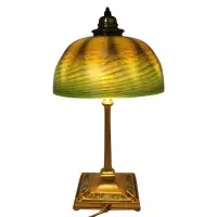 Tiffany Studios, Furnaces Damascene Table Lamp, c. 1920, enameled and acid-etched bronze