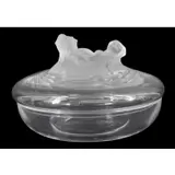 Lalique, France Clear & Frosted Glass Lidded Bowl, "Ophelie" glass bowl with lid that has frosted nude figures on top
