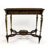 Francois Linke, Inlaid overall top, bronze mounted and raised on bronze figural legs, A fine signed bronze mounted and inlaid one drawer stand