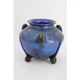 Loetz, Art Glass Electric Blue Vase with Three Feet, greenish-blue iridescent oil-spot decoration over blue glass