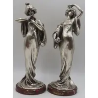 Lucien Alliot, Edelweiss L. Alliot. From an E 72nd St, Manhattan estate. Dimensions: figures measure approx. 13.25, Alliot silvered bronze Art Nouveau figural sculptures of standing beauties