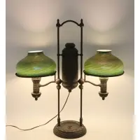 Tiffany Studios, Bronze Double Shade Oil Lamp, Each Bulb holder stamped Manhattan Brass Company and number 10 on bottom side of base
