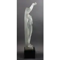 René Lalique, Signed GRANDE NUE BRAS LEVÉS Figure, 1921, frosted glass with wood base 24 1/2 x 8 x 8 in