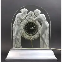 Signed "Deux Figurine" Bedside Clock by René Lalique, 1926, Molded frosted glass and nickeled-bronze, sold Mar 2020