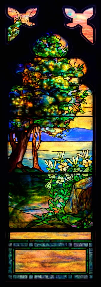 Tiffany Studios, Impressionist Sunset Landscape Window, 1915, 1915, Leaded and plated glass