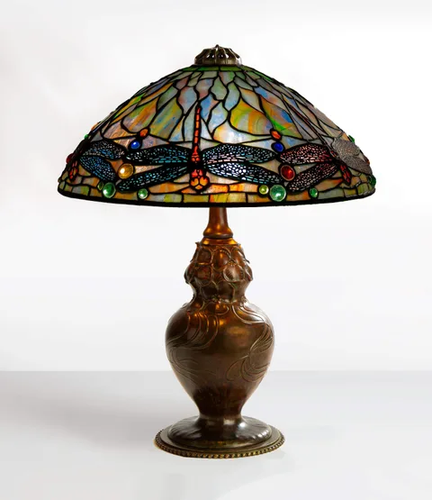 Tiffany Studios, Jeweled Dragonfly Table Lamp, circa 1910, leaded glass and patinaed bronze