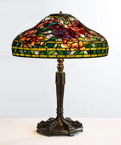 Tiffany Studios, Peony Table Lamp, circa 1910, Leaded glass and patinaed bronze