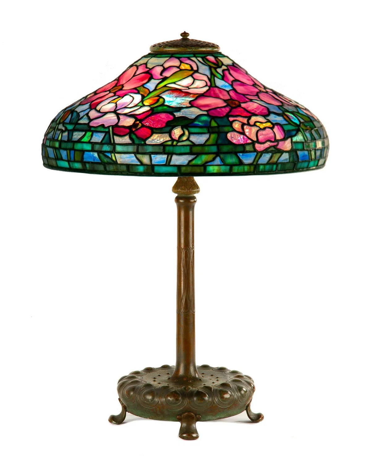 Peony Table Lamp by Tiffany Studios, circa 1910, Leaded glass and patinaed bronze, sold Sep 2021