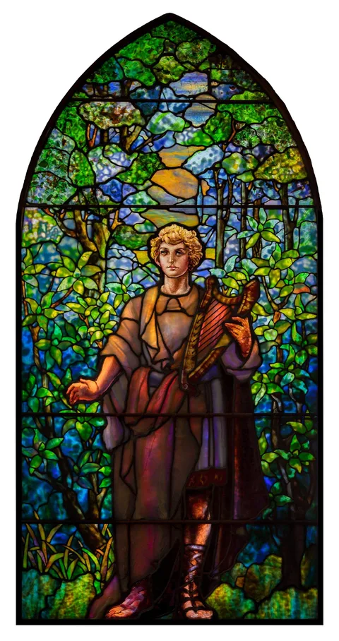 Tiffany Studios, Leaded Glass Window of Boy David Holding a Harp