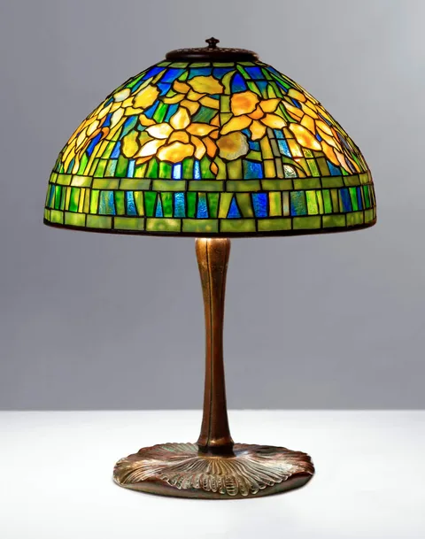 Tiffany Studios, Blue Daffodil Lamp, 1905, leaded glass and patinaed bronze
