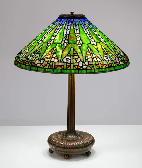 Tiffany Studios, Arrowroot Lamp, leaded glass and patinaed bronze
