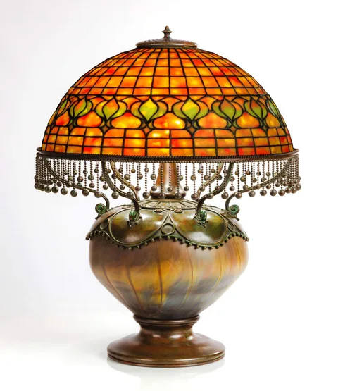 Tiffany Studios, Pomegranate on Rare Moorish Lamp Base, 1905, Fabulous dichoric glass