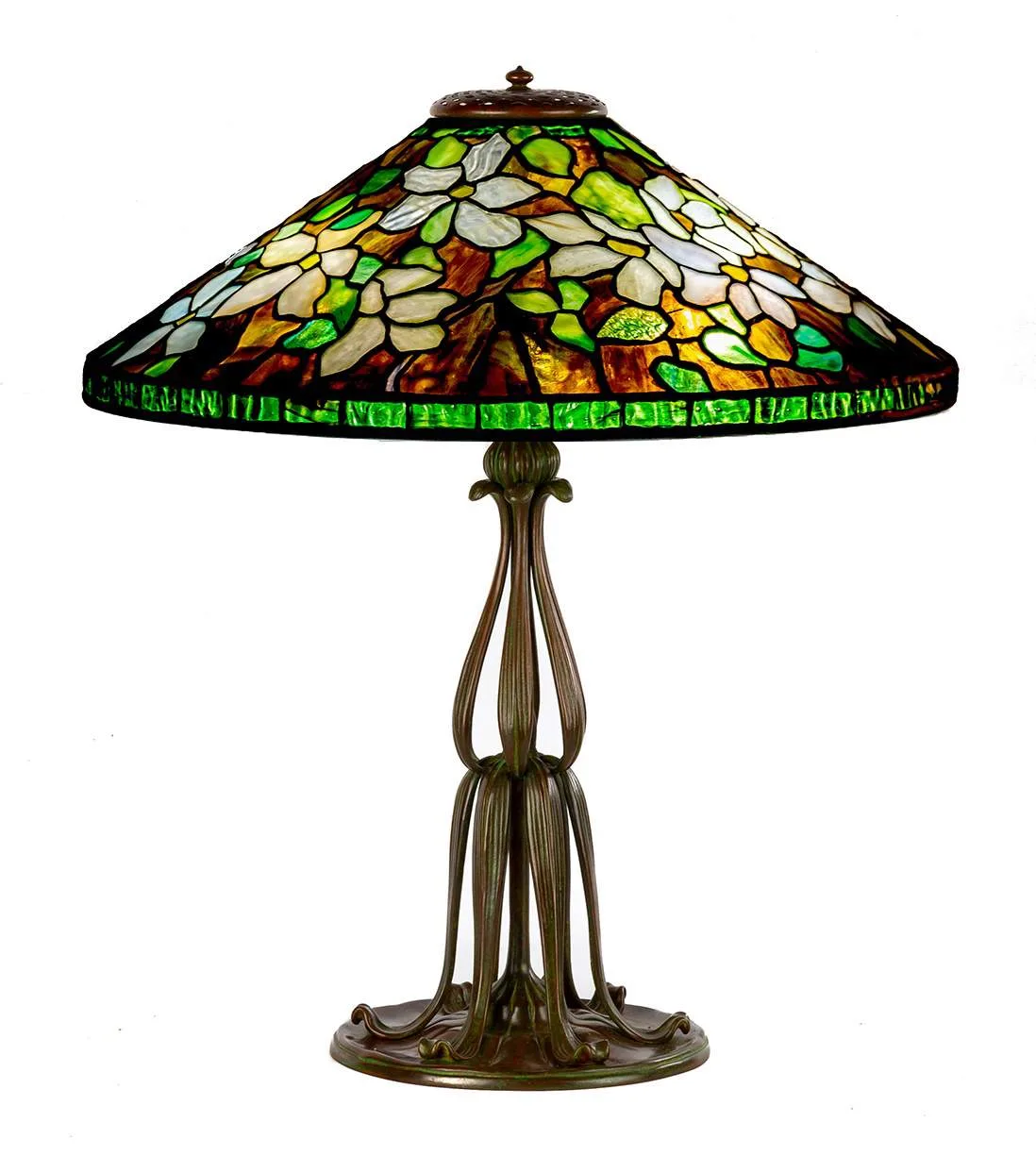 Clematis Table Lamp by Tiffany Studios, circa 1905, leaded glass and patinaed bronze, sold Sep 2021