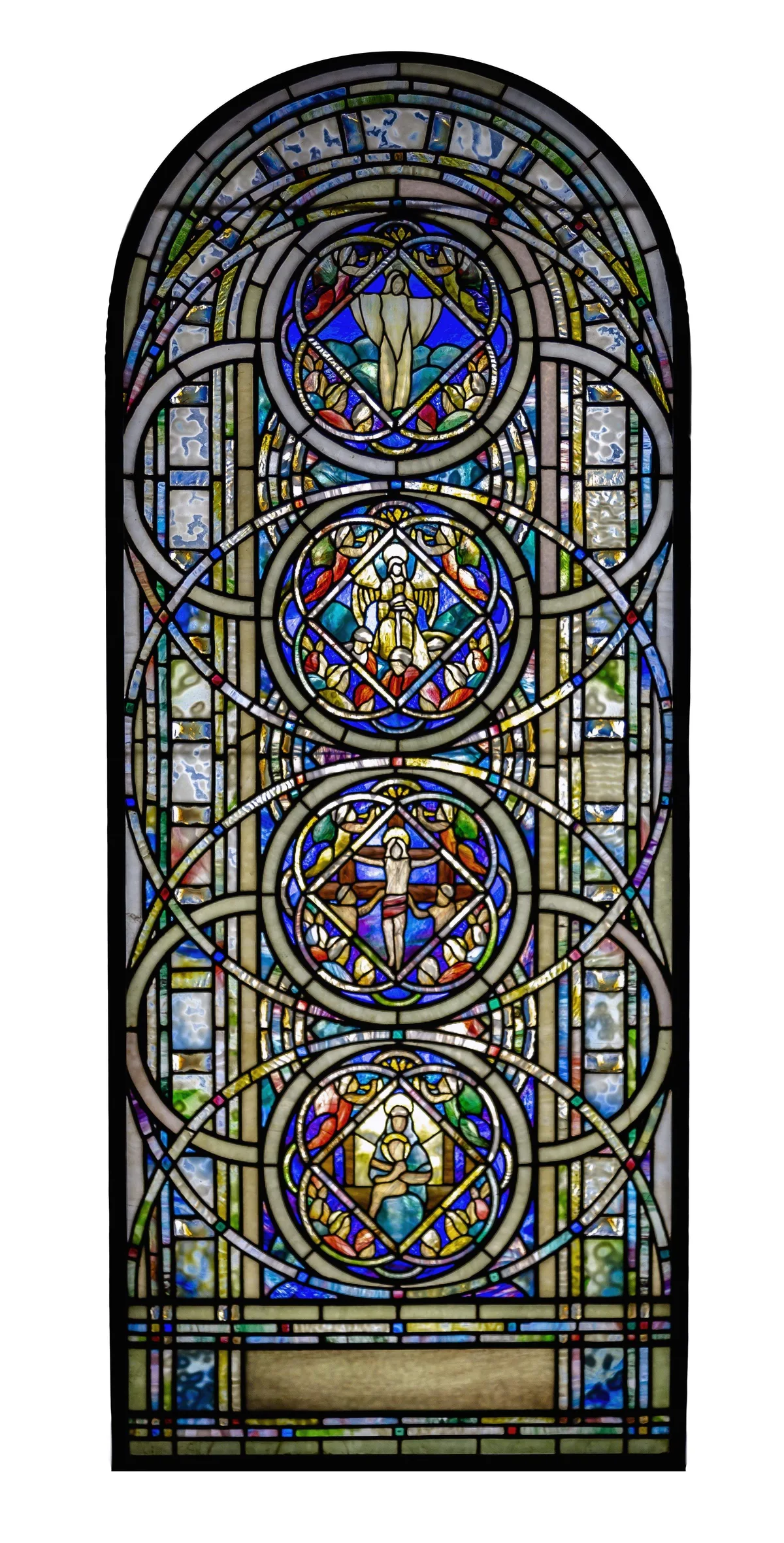 Aesthetic Medallion Window by Tiffany Studios, circa 1905, Vibrant coloration with a wonderful artistic glass selection including heavily mottled, sold Sep 2021
