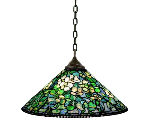 Tiffany Studios, Dogwood Chandelier, leaded glass and patinated bronze