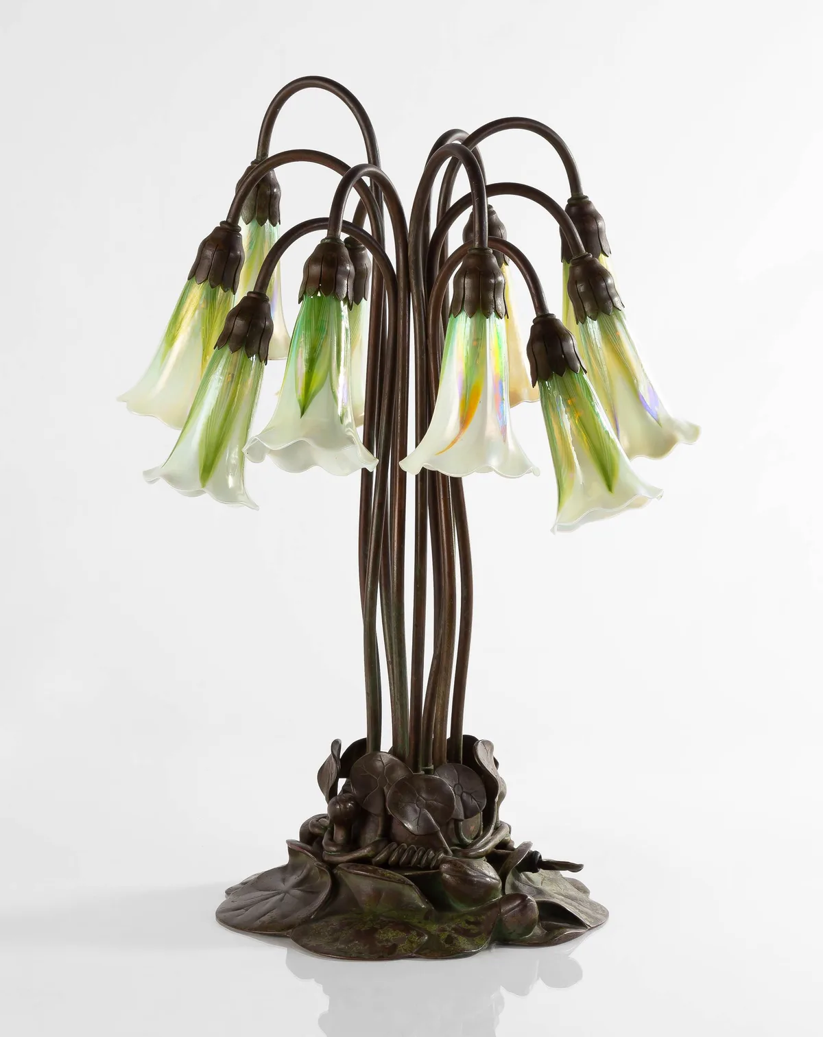 Ten-light Lily with Pulled Feather Shades by Tiffany Studios, circa 1900, Patinaed bronze, sold Mar 2023