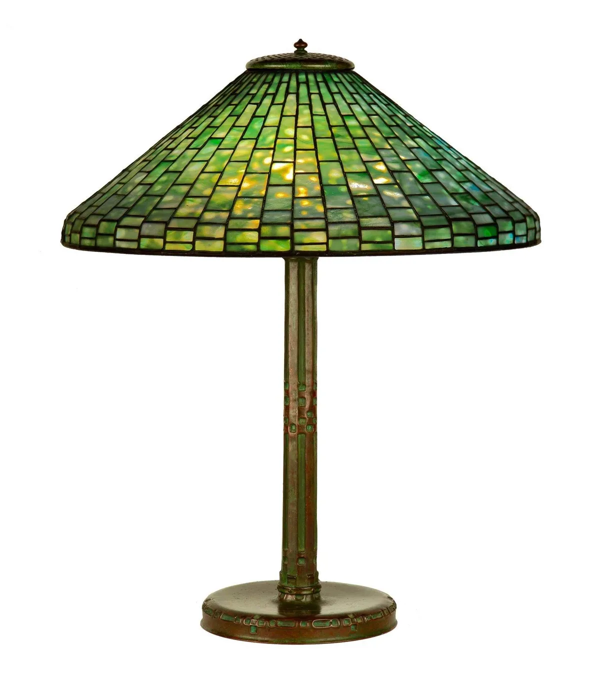 Geometric Table Lamp by Tiffany Studios, Leaded glass and patinated bronze, sold Oct 2020