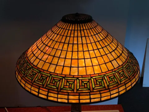 Tiffany Studios, Greek Key Table Lamp, circa 1910, leaded glass and patinated bronze