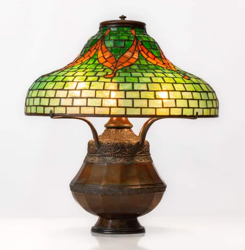 Tiffany Studios, Tyler on Rare Queen Anne's Lace Base, 1908, leaded glass and patinaed bronze