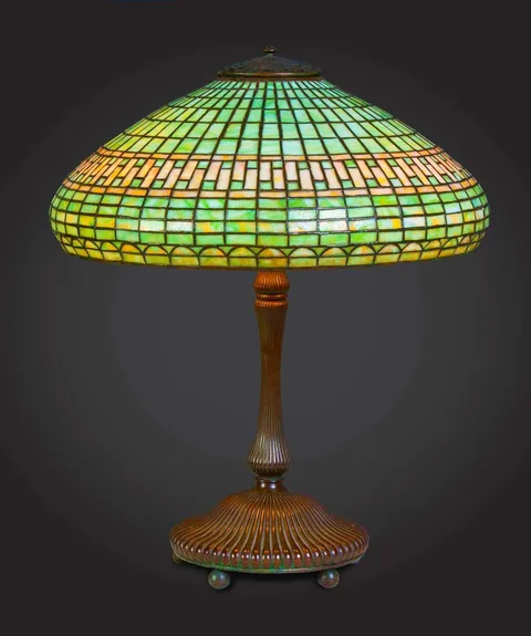 Leaded Table Lamp with Bronze Mushroom Base by Tiffany Studios, sold Sep 2014
