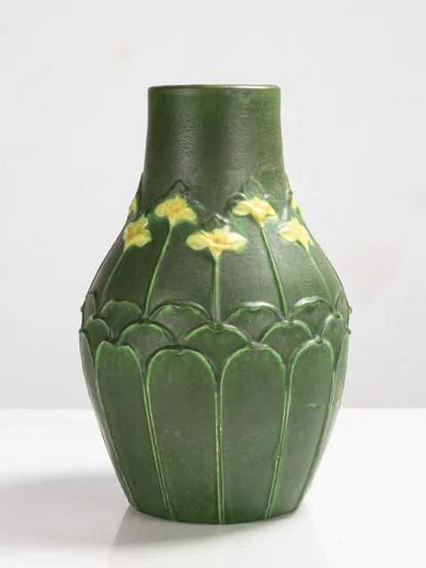 Grueby, Two-Color Vase with Stylized Flowers, circa 1910