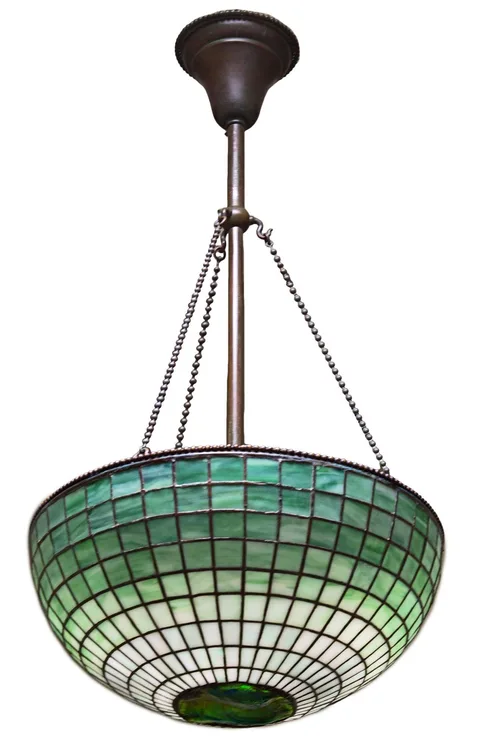 Tiffany Studios, Geometric Ceiling Light with Turtleback, Leaded glass and patinaed bronze with turtleback tile