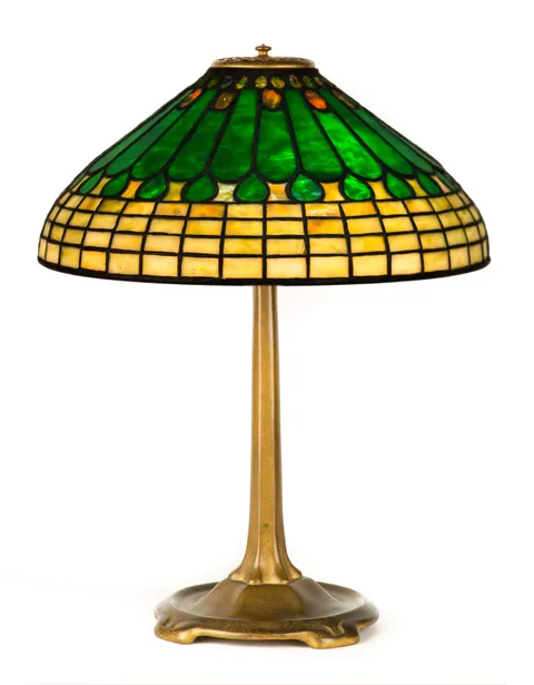 Tiffany Studios, Jewel & Feather Table Lamp, Leaded glass and patinated bronze