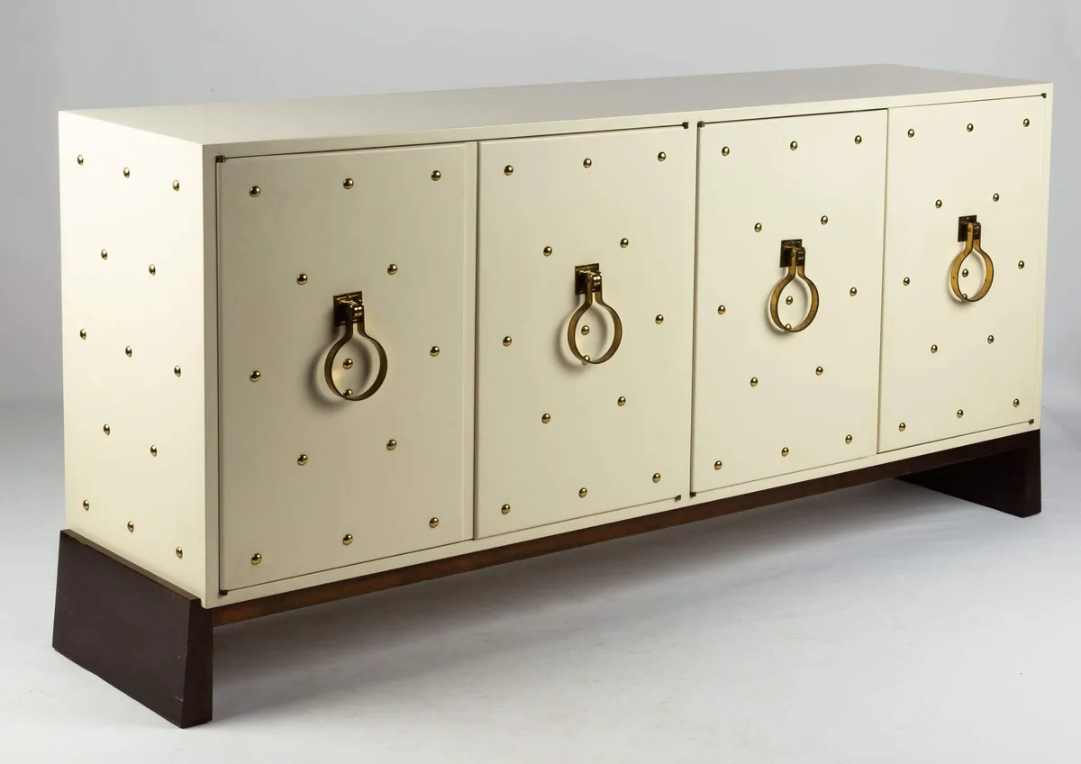 Tommi Parzinger, Original White Lacquered Studded Brass Cabinet
