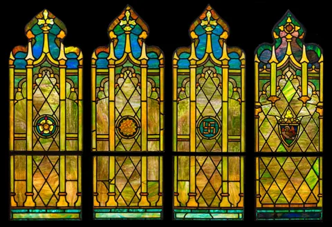 Tiffany Studios, Four Gothic Revival Leaded Glass Windows, 1905, leaded glass and wood