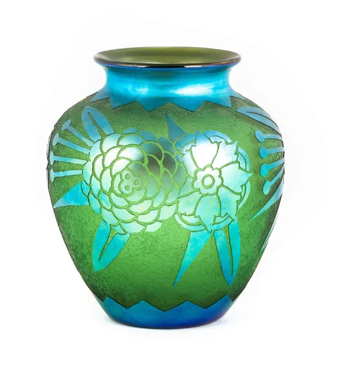 Blue Aurene Over Pomona Green Acid Cutback Vase by Alexander Joseph von Steuben, sold Nov 2019