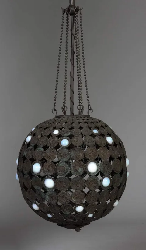 Tiffany Studios, Twisted Bronze Wire & Jeweled Glass Hanging Fixture