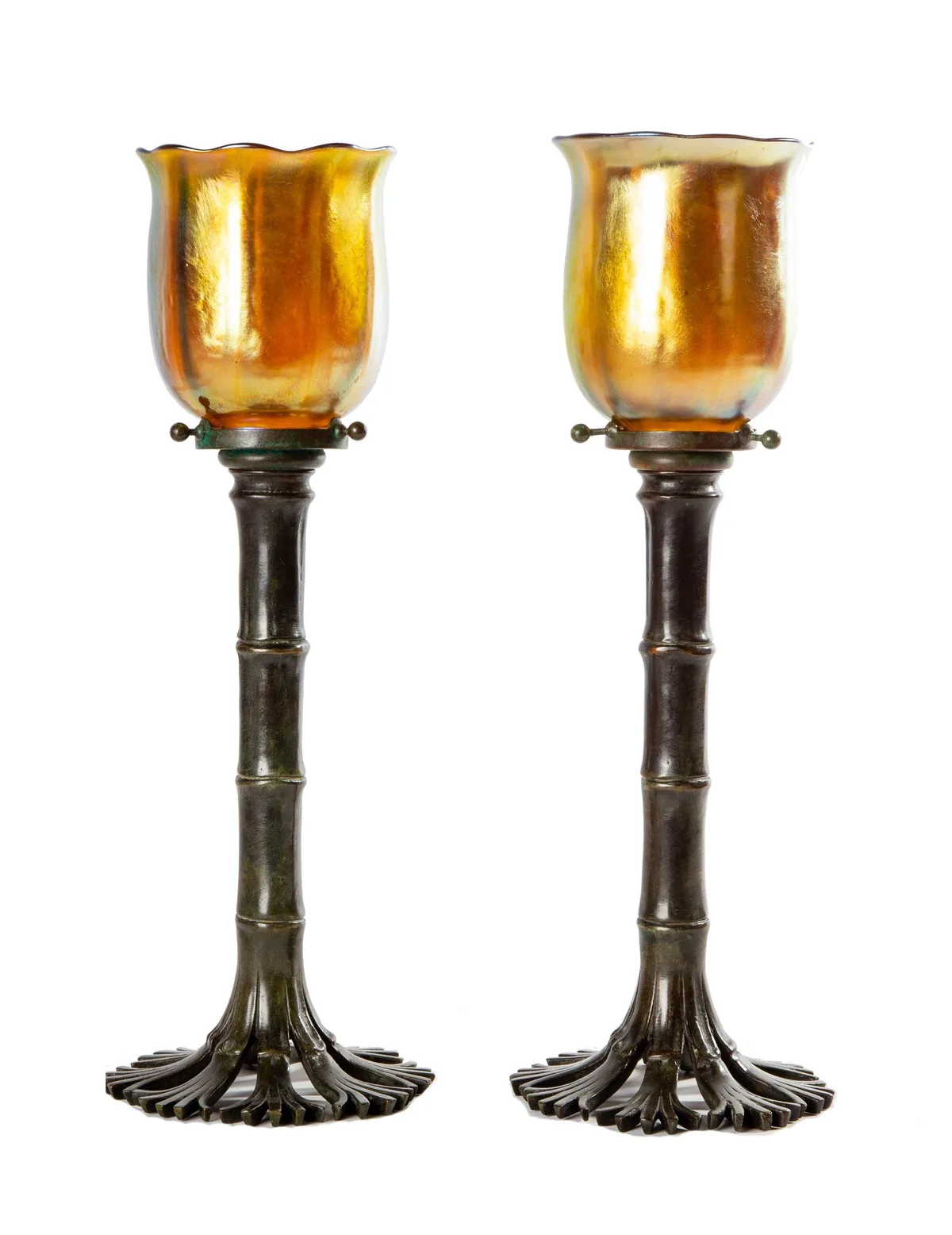Bamboo Candlesticks by Tiffany Studios, circa 1900, Patinaed bronze, sold Mar 2023