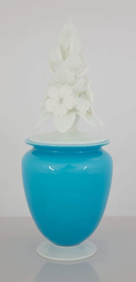 Covered Light Blue Jade Vase with Floral Stopper by Alexander Joseph von Steuben, sold Mar 2019