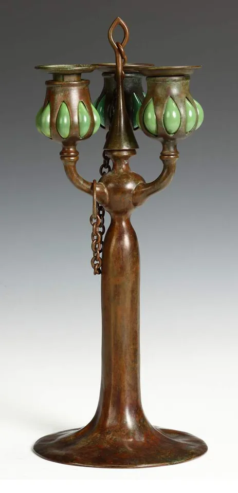 Bronze & Blown Glass 3 Arm Candelabra by Tiffany Studios, sold May 2013