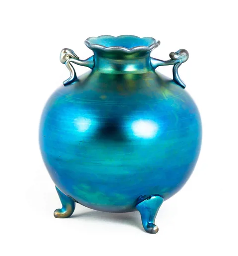 Blue Aurene Footed and Handled Vase by Alexander Joseph von Steuben, sold Nov 2019