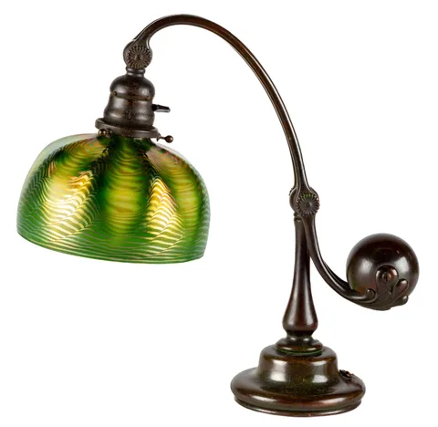 Tiffany Studios, Damascene Counter Balance Lamp, patinaed bronze and favrile glass