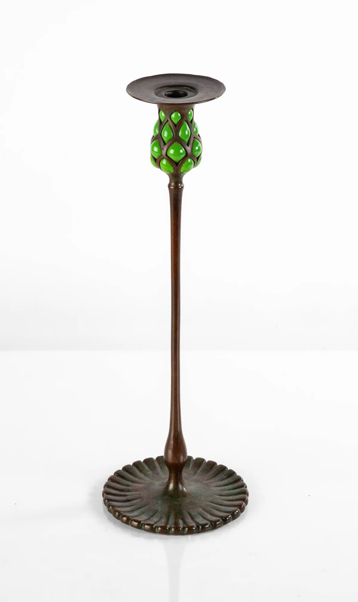 Blown-out Candlestick by Tiffany Studios, circa 1910, Blown favrile glass, sold Mar 2023