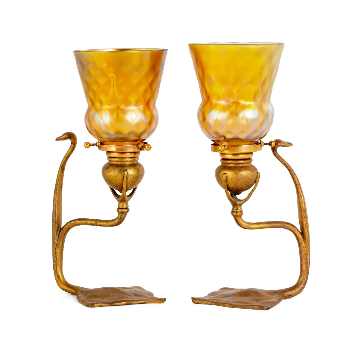 Cobra Candlesticks by Tiffany Studios, circa 1900, Gilt bronze, sold Mar 2023