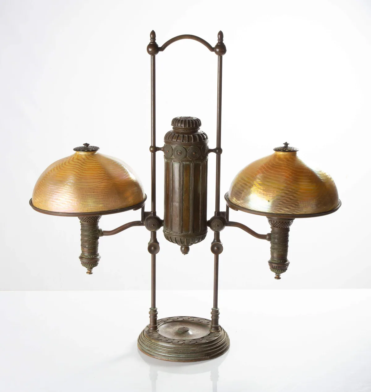 Double Student Lamp by Tiffany Studios, 1900, Favrile glass, sold Nov 2023