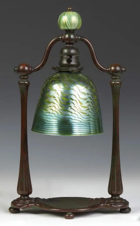 Lamp with Green Damascene Glass Shade and Finial by Tiffany Studios, sold Oct 2013