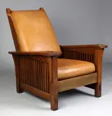 Gustav Stickley, Oak Drop Arm, Spindle Morris Chair
