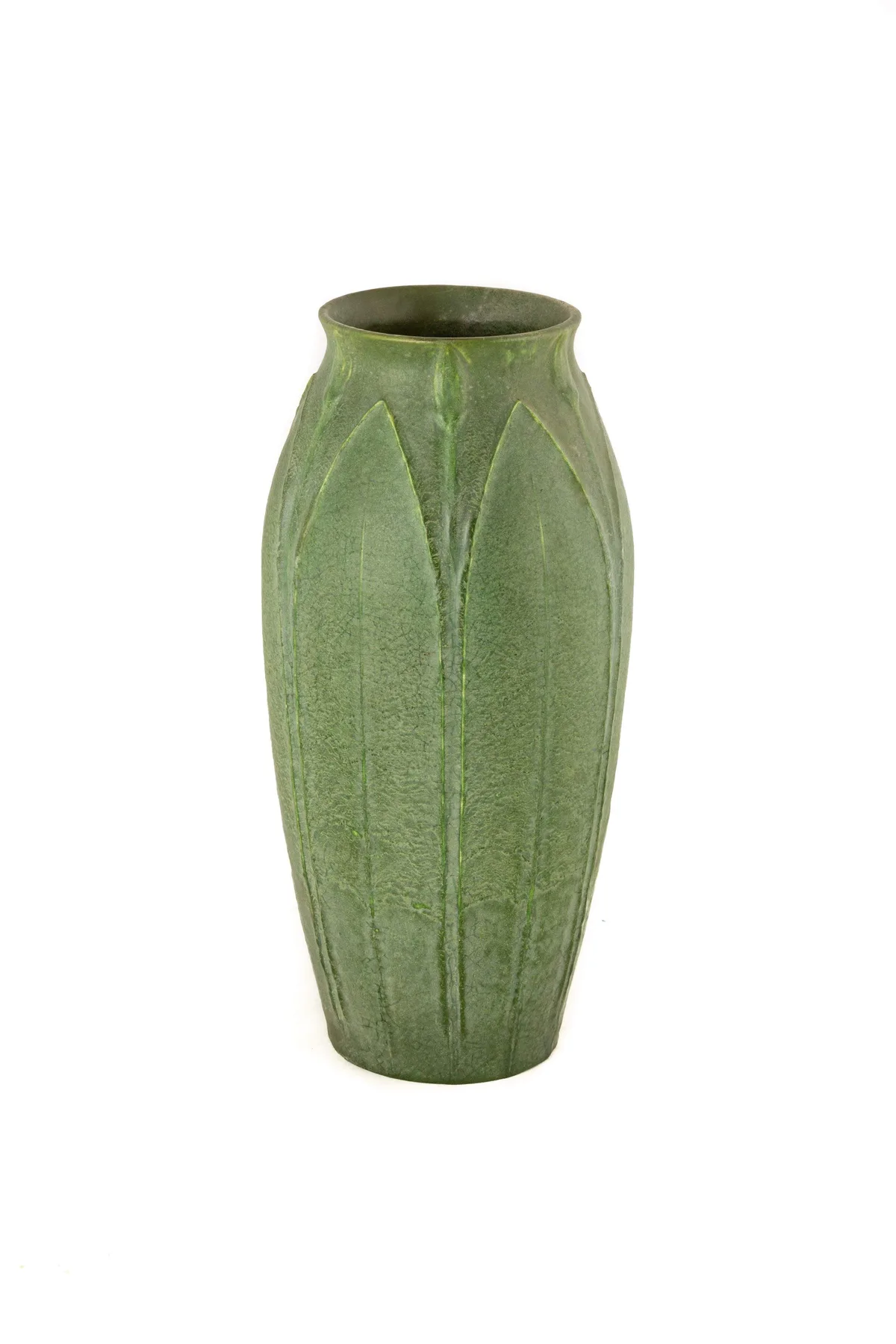 Grueby, Art Pottery Vase, matte green with carved leaves