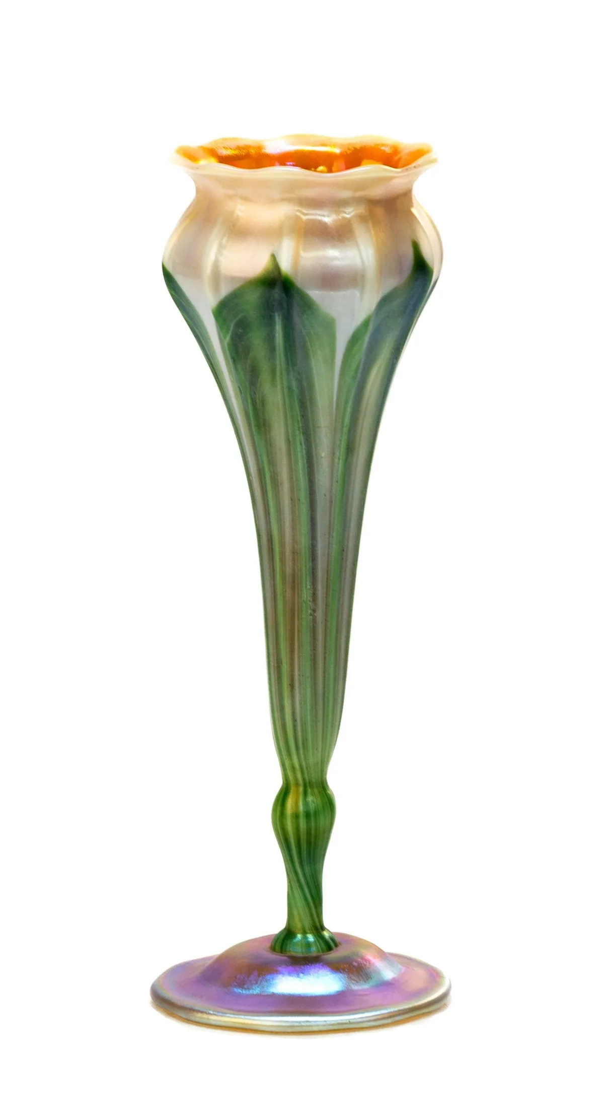 Pulled Feather Vase by Tiffany Studios, 1906, hand-blown favrile glass, sold Mar 2025