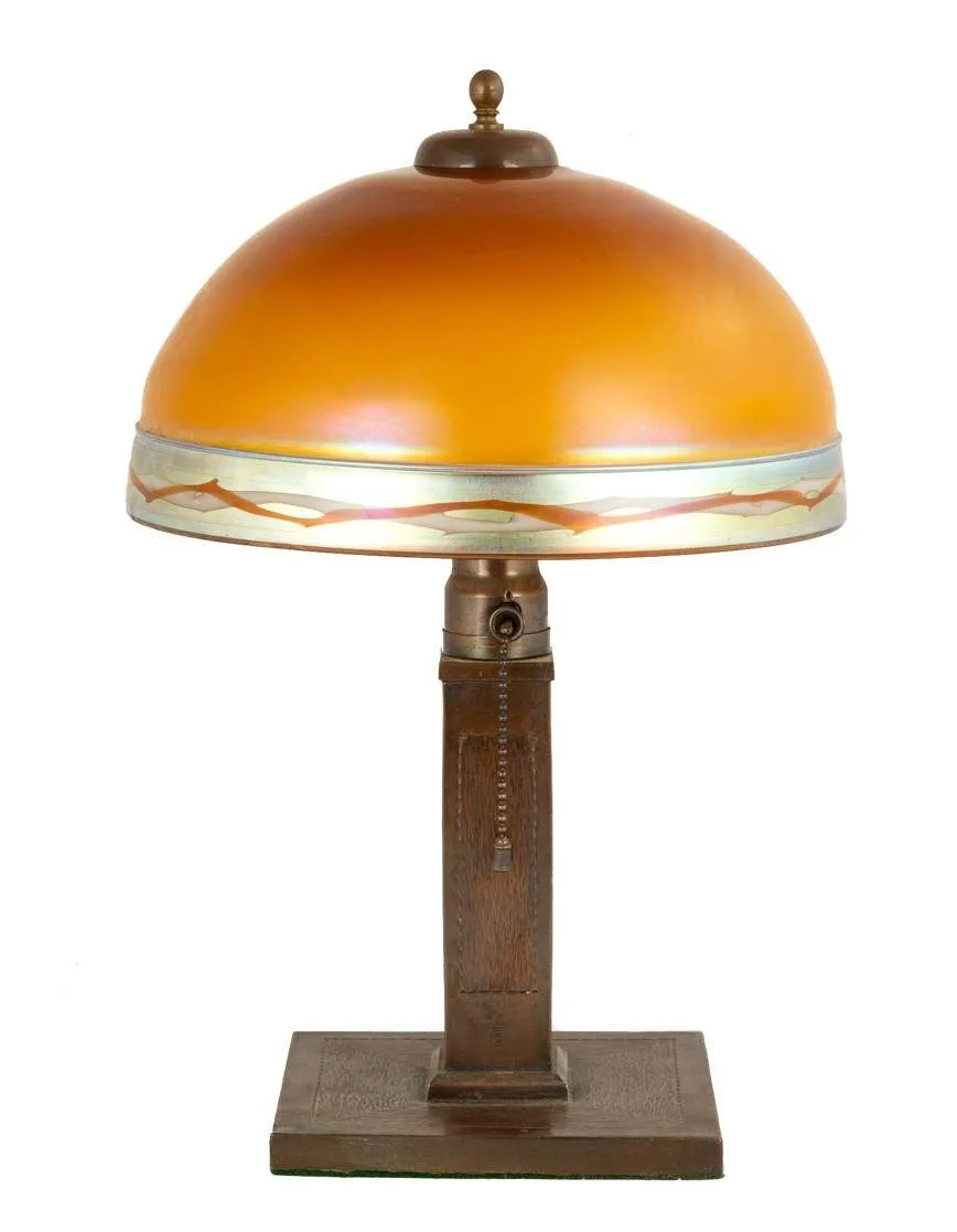 Table Lamp by Roycroft, Hand hammered copper with Steuben shade, sold Nov 2020