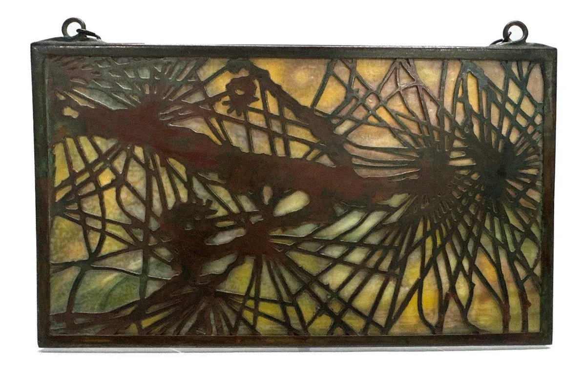 Pine Needle Hanging Screen by Tiffany Studios, Patinaed bronze and favrile glass, sold May 2023